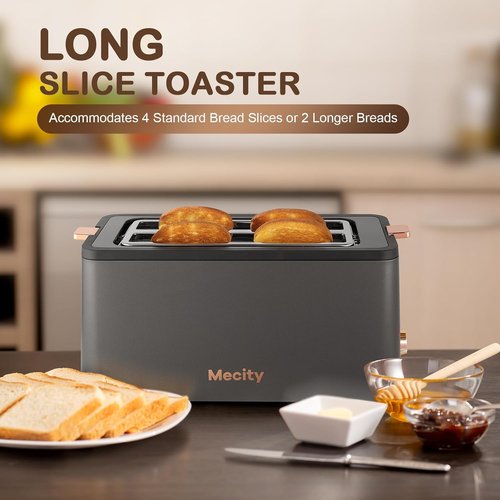 Mecity 4-Slice Toaster - Long Slot Design with Warming Rack & 6 Browning Settings | Stainless Steel, Grey