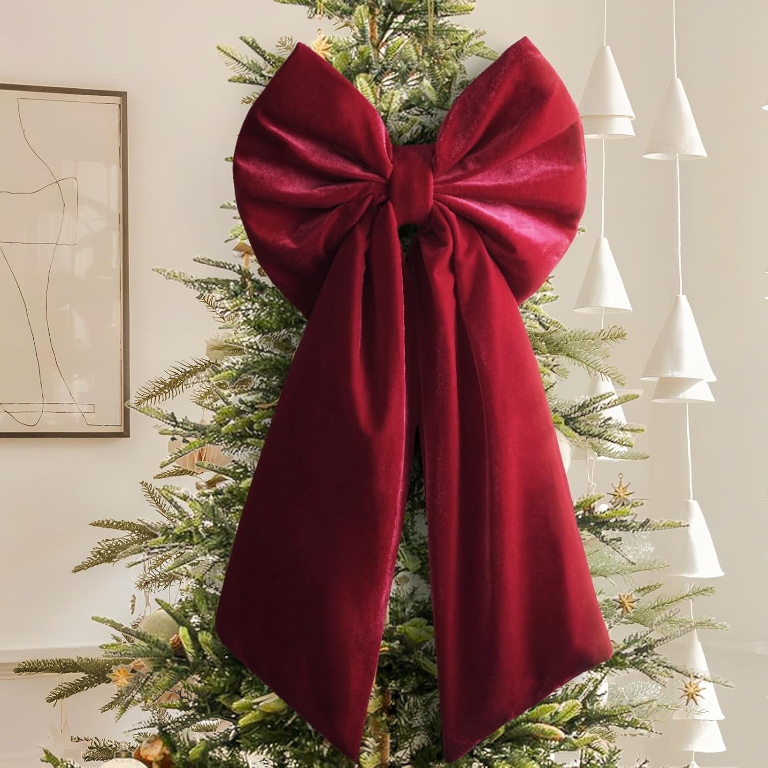 Skiennix Christmas Bows - Large 36x18 Inches Red Velvet Tree Topper - Burgundy Ribbon Decor for Indoor/Outdoor Use