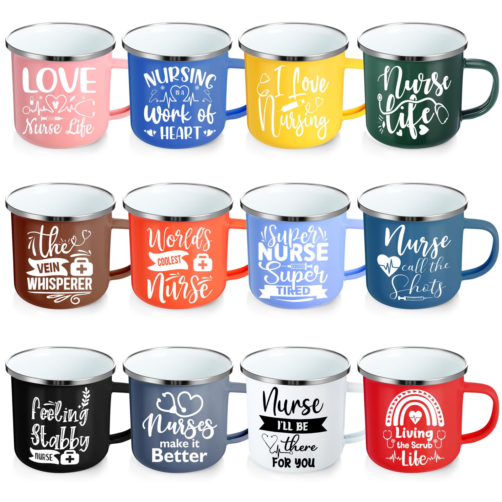 Sieral 12 Pcs Nurse Week Gifts 12 oz Nurses Mug Bulk 2026 Coffee Enamel Cups Set with Handles Motivational Tumbler for Women Doctor Student Graduation School Thank You Presents(Novel)