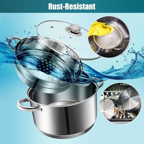 KroWallu 6 QT Stainless Steel Cookware Set, 3-Piece Multipurpose Stock Pot with Steamer Pot and Tempered Glass Lid, Stainless Steel Handle, Work with Gas Electric Induction Stove