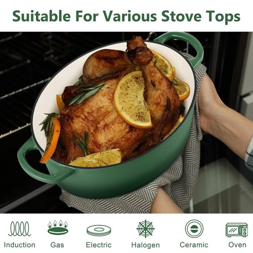 TeamFar 7QT Oval Dutch Oven, Enameled Cast Iron Dutch Oven Pot with Lid, For Bread Baking/Stewing/Braising/Frying, Suitable for Various Stoves, Non-stick & Easy Clean, Basil Green