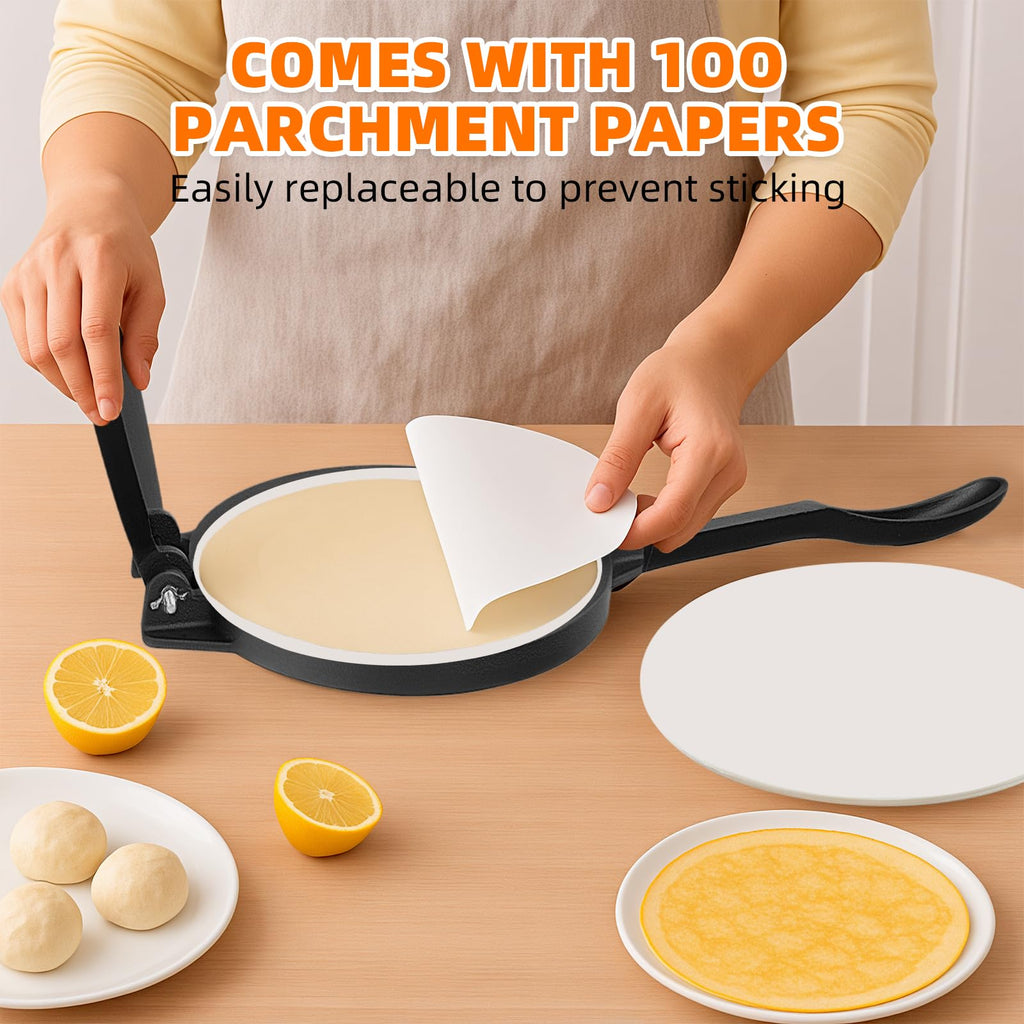 Xeoca 10 Inch Cast Iron Tortilla Press & Comal Pan Bundle, Include 100 Pcs Parchment Paper,Commercial-Grade Cast Iron Tortilla Maker, Roti Press, Non-Stick, Heat-Resistant, Black