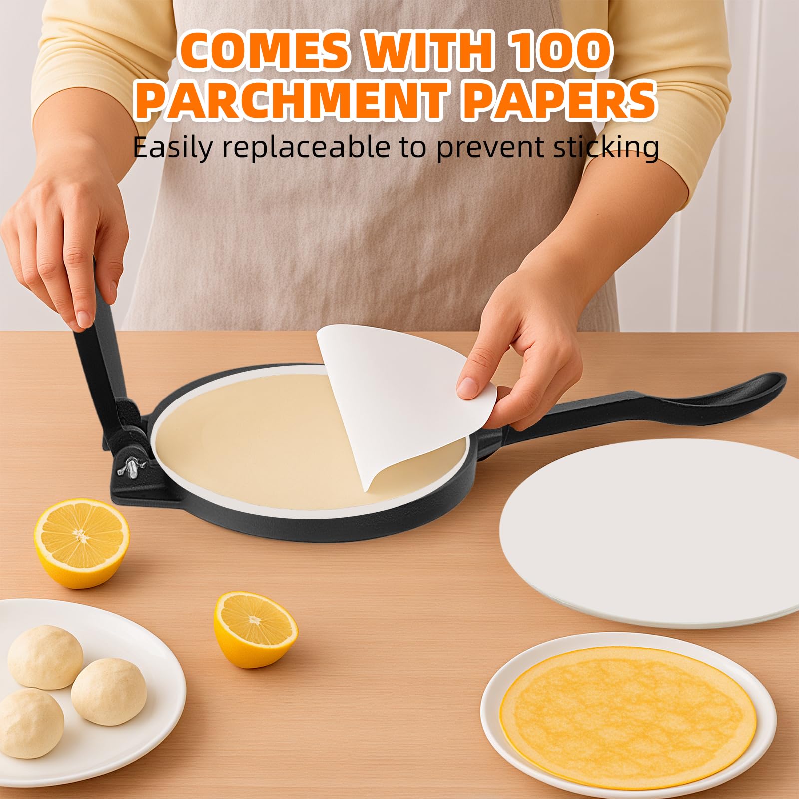 Xeoca 10 Inch Cast Iron Tortilla Press & Comal Pan Bundle, Include 100 Pcs Parchment Paper,Commercial-Grade Cast Iron Tortilla Maker, Roti Press, Non-Stick, Heat-Resistant, Black