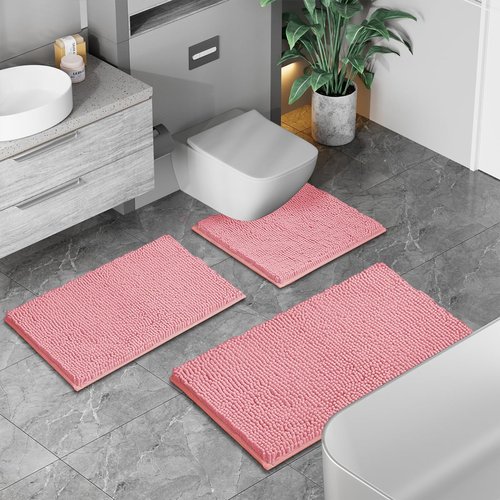 Pink Bathroom Rugs Chenille Bath Mat Set 2-Piece Bath Rugs for Bathroom Extra Soft Bath Mats for Bathoom Non Slip Absorbent Shag Bathoom Carpet