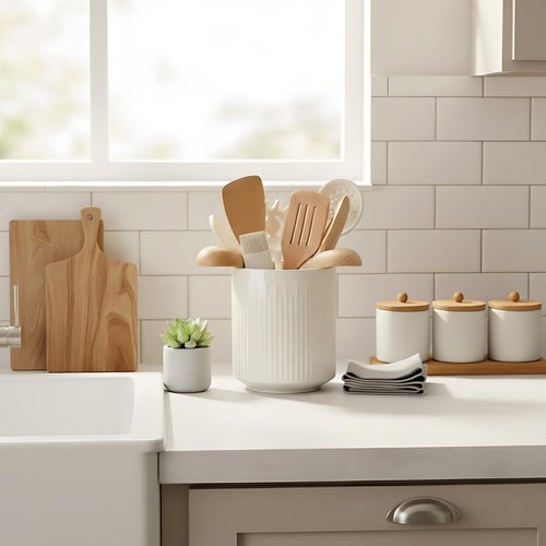 JIEMEI HOME Kitchen Utensil Holder, 7.2" Large Ceramic Stable Utensil Crock for Countertop, Utensil Organizer with Cork Mat, Removable Bamboo Divider for Easy, Kitchen Decor, Speckled White