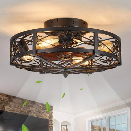 MeZeYo 20" Caged Farmhouse Flush Mount Ceiling Fan with Light and Remote Control Bladeless Low Profile Ceiling Fans with Lights Enclosed Vintage Fan 6 Speed Reversible for Kitchen, Bedroom