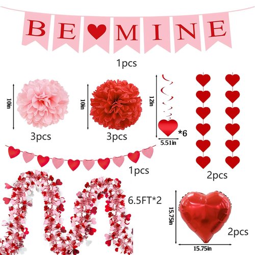 Valentines Day Decorations Set-Assembled Hanging Heart Swirls，BE Mine Banner，Heart Tinsel Garland，Love Heart balloon for Anniversary Wedding Romantic Valentine Party supplies