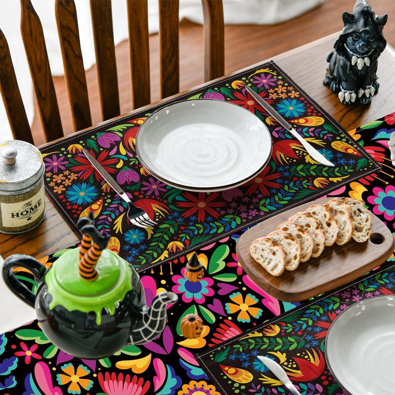 Mexican Dia De Los Muertos Table Place Mats - Multicolor 12x18 Inches, Set of 4 - Party Kitchen Dining Decoration Variation 1