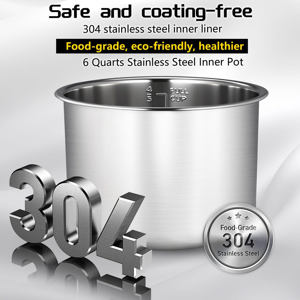 Upgraded Stainless Steel Inner Pot for Instant Pot 6 QT, Replacement Pot for Instant Pot 6 Quart, 304[18/8] stainless steel thickened design, 0 Coating, Non-Toxic (No Teflon). 3 Year Warranty.