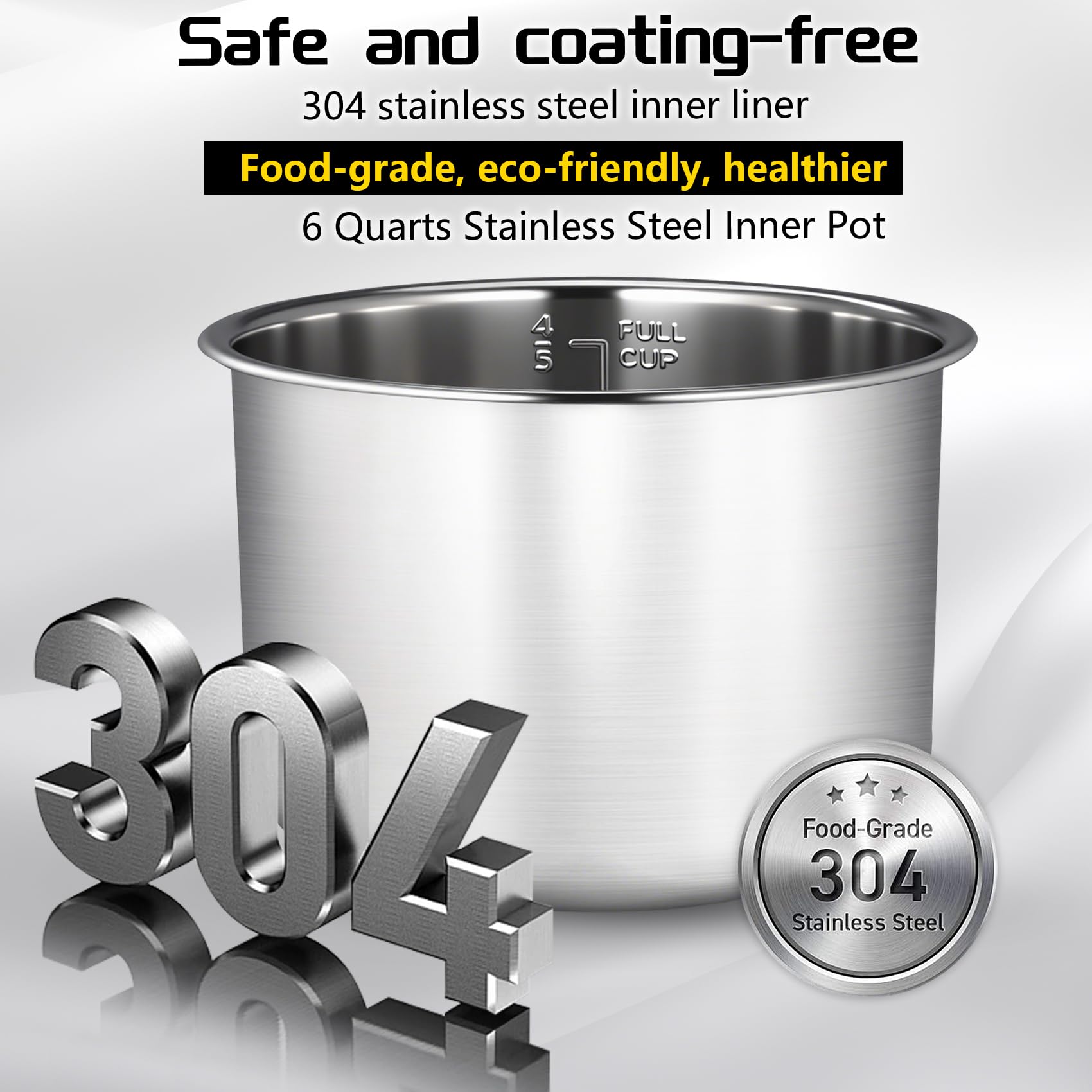 Upgraded Stainless Steel Inner Pot for Instant Pot 6 QT, Replacement Pot for Instant Pot 6 Quart, 304[18/8] stainless steel thickened design, 0 Coating, Non-Toxic (No Teflon). 3 Year Warranty.