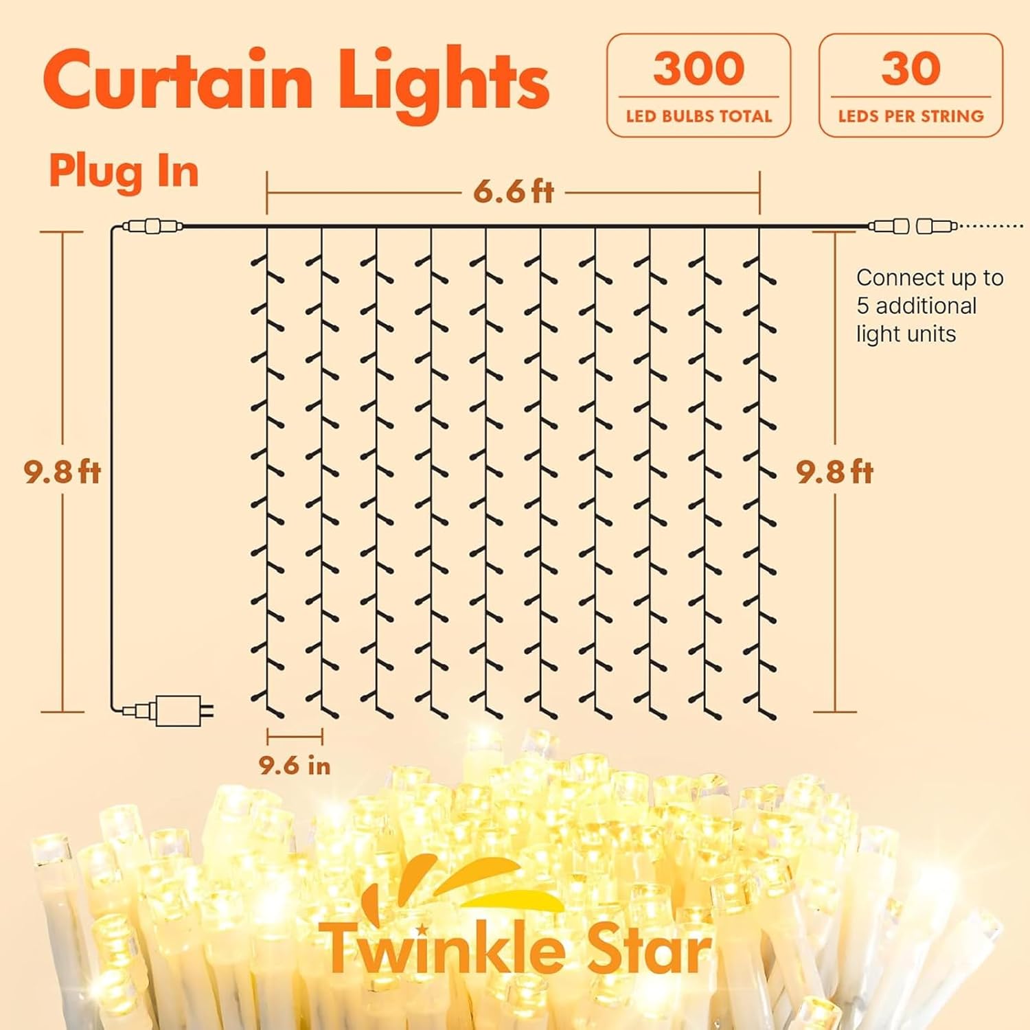 Twinkle Star 300 LED Curtain String Lights - 8 Modes Fairy Lights for Bedroom & Events | Warm White