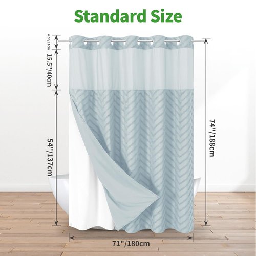 eachope No Hook Boho Farmhouse Shower Curtain with Snap-in Fabric Liner set-71Wx74H(72H),Tufted Chevron Striped Hotel Grade Cloth Shower Curtains for Bathroom with Window,Water Repellent,Fog Blue