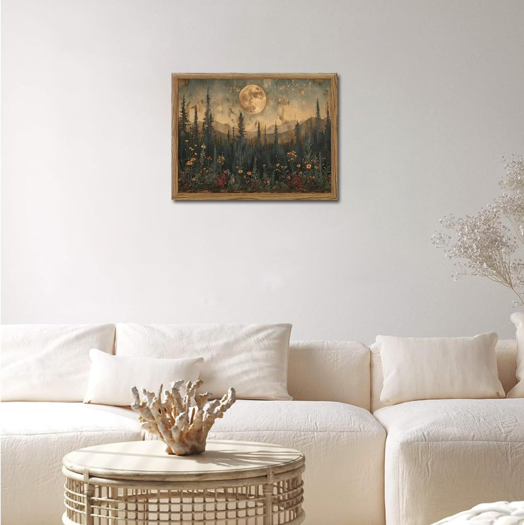 Vintage Nature Forest Wall Art - Dark Moon Landscape Painting | 3D Textured Framed Artwork 12x16