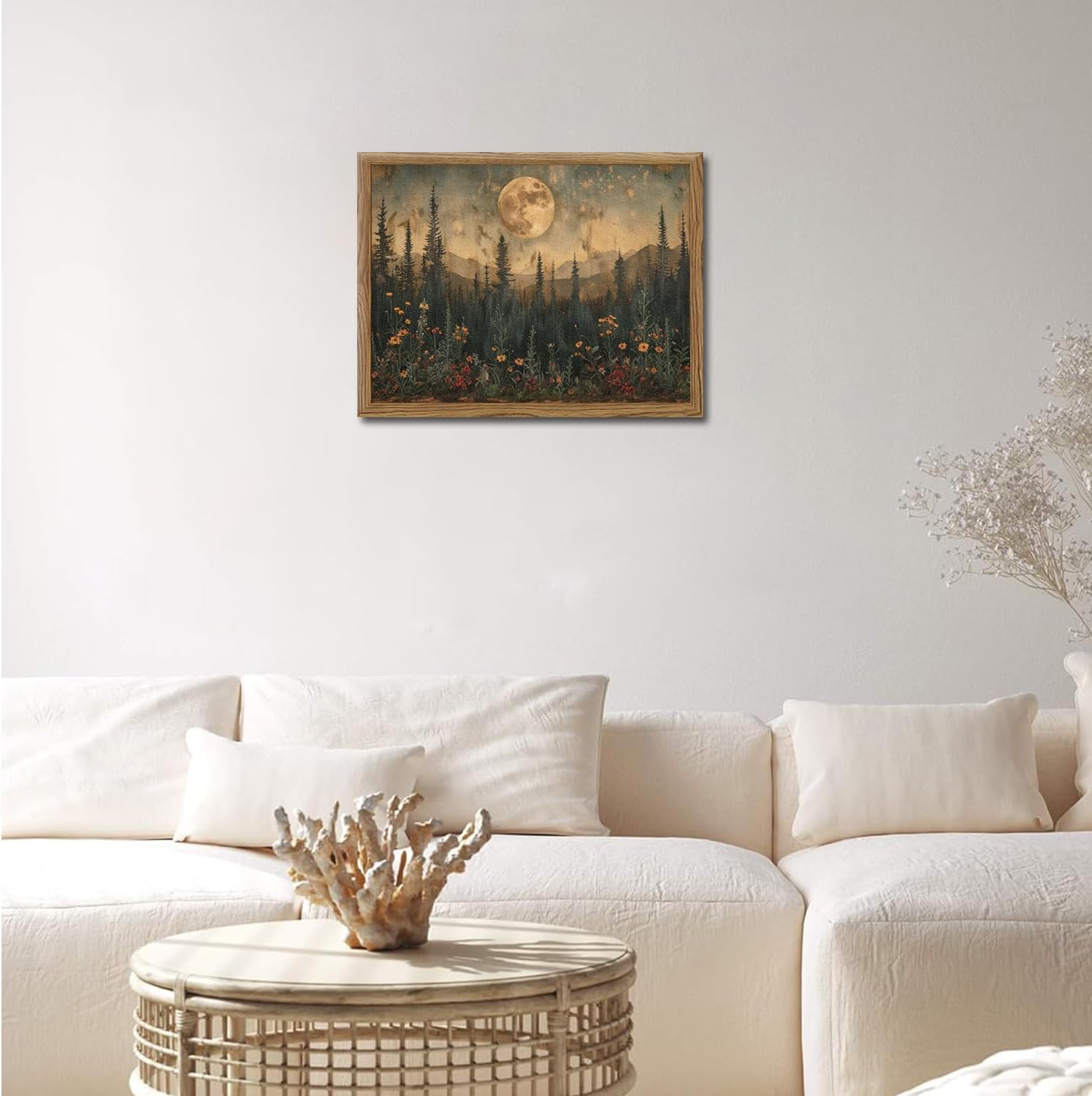 Vintage Nature Forest Wall Art - Dark Moon Landscape Painting | 3D Textured Framed Artwork 12x16