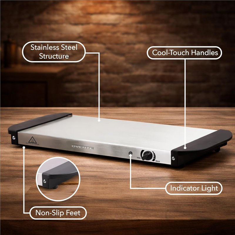 Electric Warming Tray - Adjustable Temperature Food Warmer - Silver