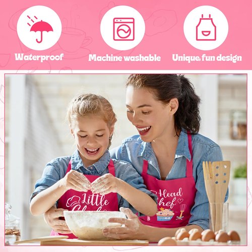 XLSXEXCL 2 Pcs Adults Kids Matching Apron Set, Funny Mommy and Me Aprons, Adjustable Kitchen Apron with 2 Pockets, Parent and Child Matching Gift for Cooking, Baking, Painting (Head Chef-Little Chef)