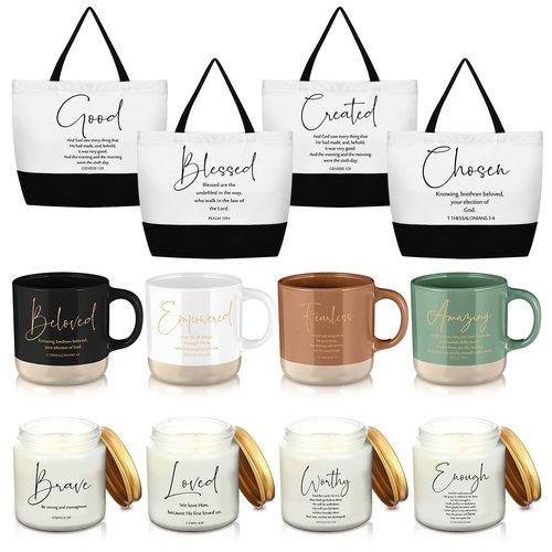 LemonRoad 12 Pcs Inspirational Christian Gift for Women Bulk Included 12oz Ceramics Bible Coffee Mug Large Tote Bag Religious Candle Easter Gift for Mom Godmother Wife Church Teacher Coworker
