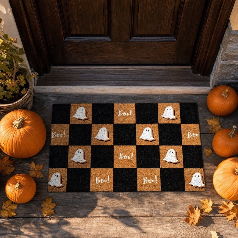 Halloween Ghost Doormat with Checkered Pattern 15.7x23.6in - Coir Welcome Entrance Mat for Indoor & Outdoor Use - Variation of 50 Ghost Doormat Coir 23.62x15.75in
