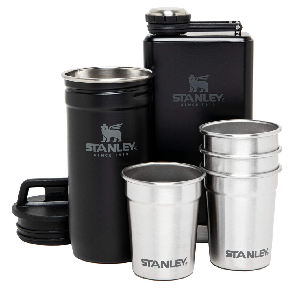 Stanley Adventure Pre-Party Flask and Nesting Shot Glass Set | 8 oz Leakproof Hip Flask | 4 Shot Glasses in Travel Carrying Case | Insulated Stainless Steel Liquor Flask | BPA-Free | Matte Black