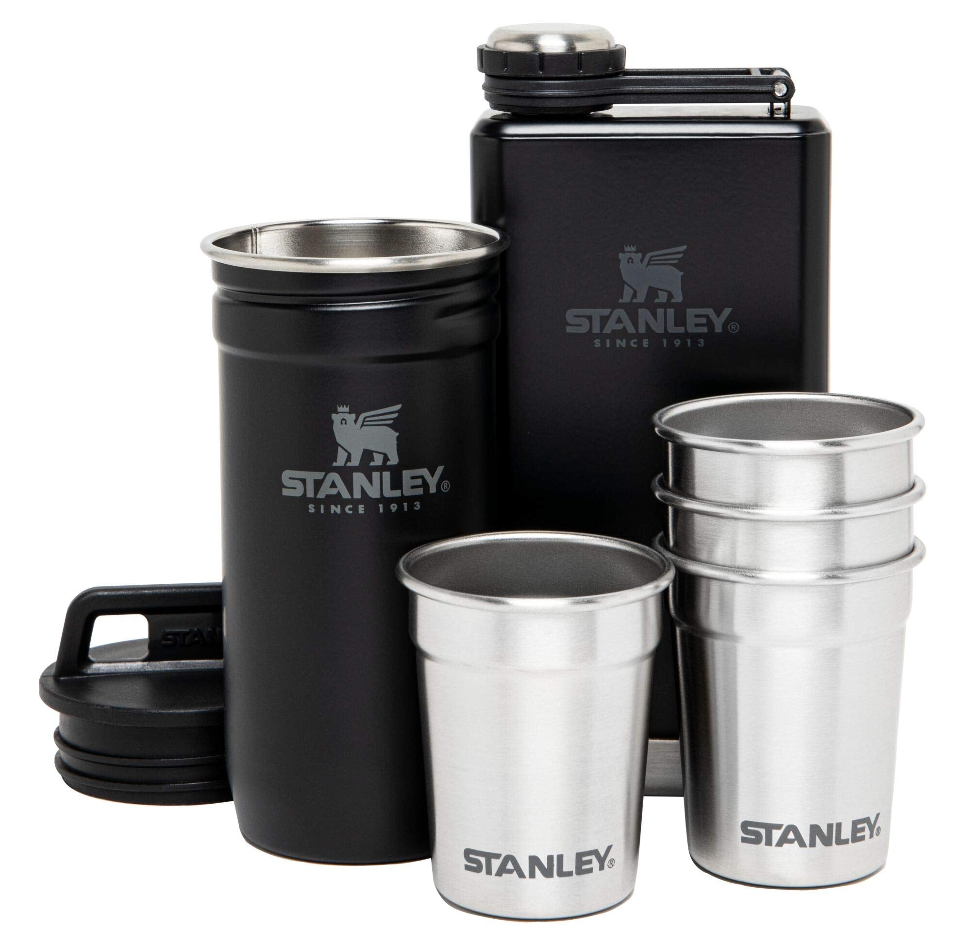 Stanley Adventure Pre-Party Flask and Nesting Shot Glass Set | 8 oz Leakproof Hip Flask | 4 Shot Glasses in Travel Carrying Case | Insulated Stainless Steel Liquor Flask | BPA-Free | Matte Black