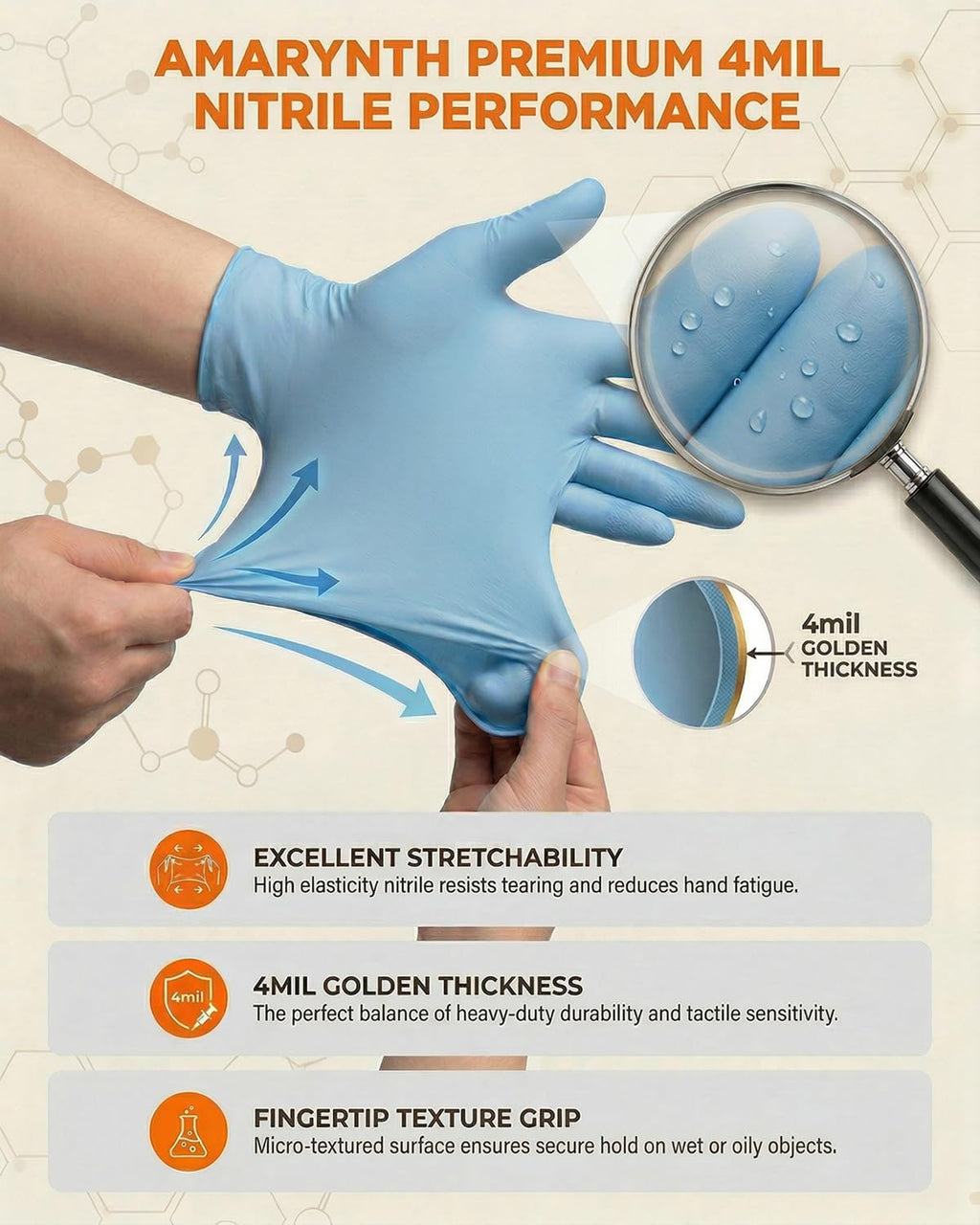 Amarynth Premium Disposable Gloves - Latex-Free, Powder-Free, Textured Fingertips - 100 Count for Lab, Kitchen, Cleaning & Tattooing