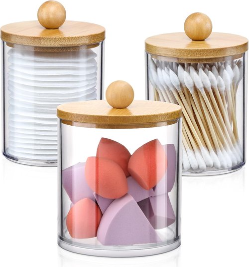 Apothecary Jar Qtip Holder Dispenser Set - 3 Pack Bamboo Lids for Vanity Organizer Storage