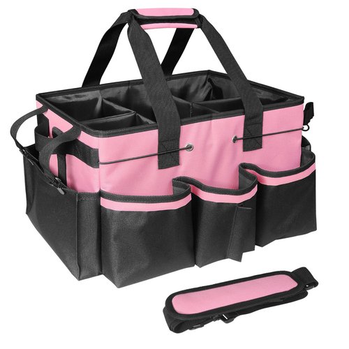 BOHEMIABY Cleaning Bags for Housekeepers, Large Cleaning Supplies Organizer with Handles & Shoulder Strap, Cleaning Caddy Bag with Foldable Divider for Cleaners, Car Horse Cleaning Bag(Pink)