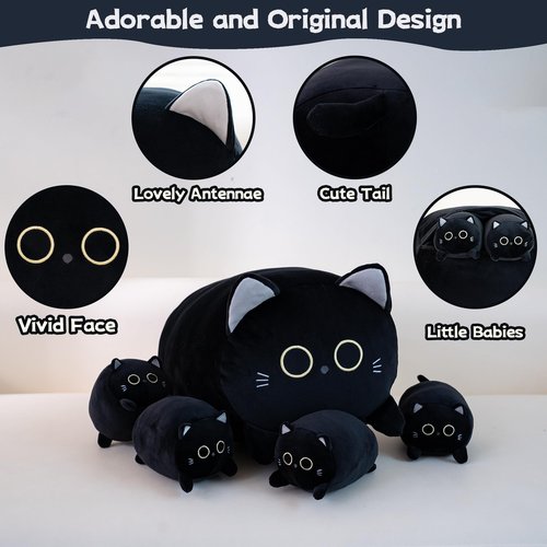 Gudisi Black Cat Plush Stuffed Animals with 4 Kitties Plushies,16" Soft Jumbo Pillow Gifts for Kids Him Her Girlfriend Boyfriend