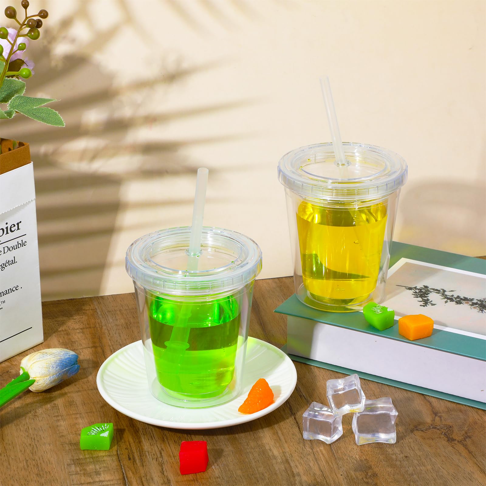 wutfuooo 6 Pcs Clear Tumblers with Lid and Straw for Kids, 12 oz Insulated Acrylic Double Wall Cups Toddlers Reusable Plastic Cup Kids Bulk