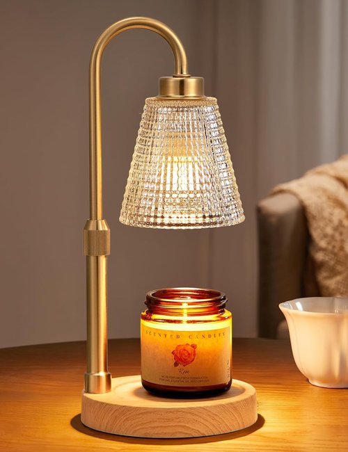 Innqoo Candle Warmer Lamp - Wood Color & Clear Design | Dimmable, Adjustable Height for Jar Candles & Wax Melts