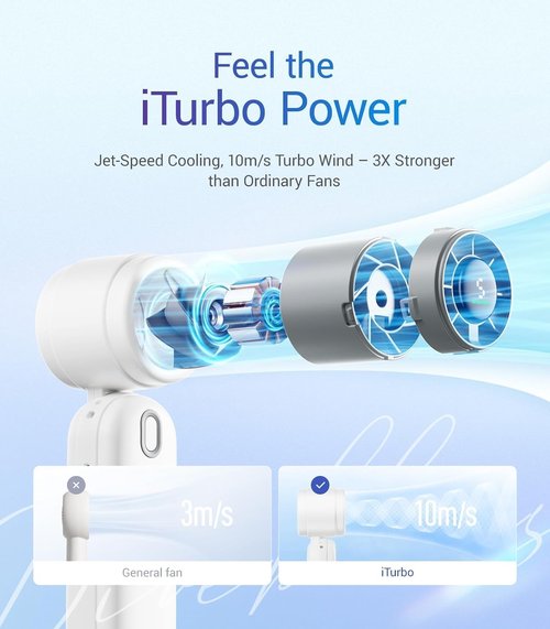 Diveblues Mini Portable Turbo Fan - 12H Max Cooling, 4000mAh Battery, 3-in-1 Handheld/Neck/Desktop Fan