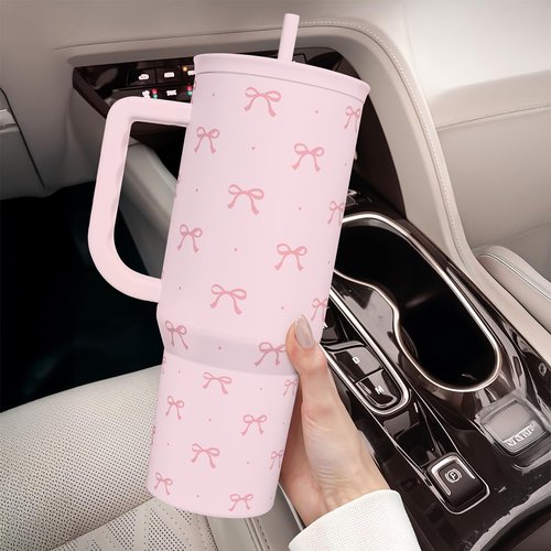 SANDJEST Gift for Women Girls - Coquette Bow Stainless Steel Tumbler with Handle, Travel Coffee Mug - Gifts for Birthday Christmas, 40oz
