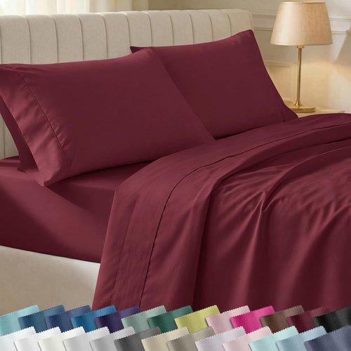 California Design Den King Size Bed Sheets Set - 100% Cotton, 400 Thread Count, Silky Smooth Sateen, Deep Pockets - Burgundy Red