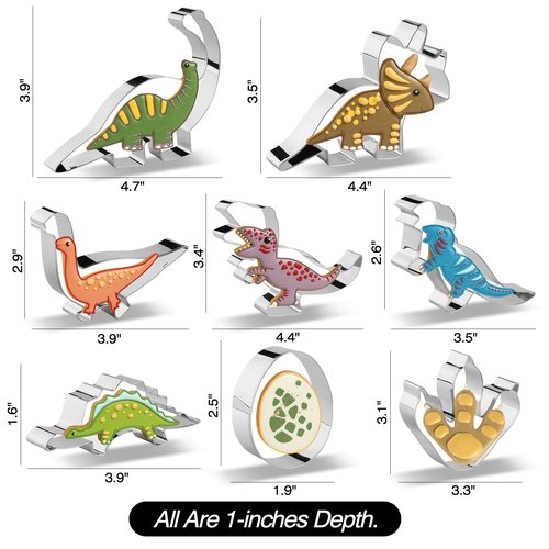 Dinosaur Cookie Cutters Set of 8 -Triceratops, Dinosaur-Egg, Dinosaur-Footprint, Stegosaurus, T-Rex, Baking Mold for Kids Theme Birthday Party Supplies Favors (Gift Box)