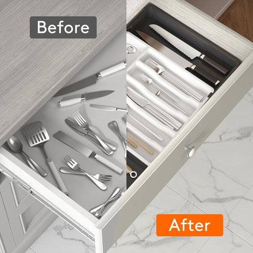 Lifewit Expandable Silverware Drawer Organizer - BPA-Free Utensil Tray for Kitchen | Adjustable Storage, 13-22 x 15", White & Black