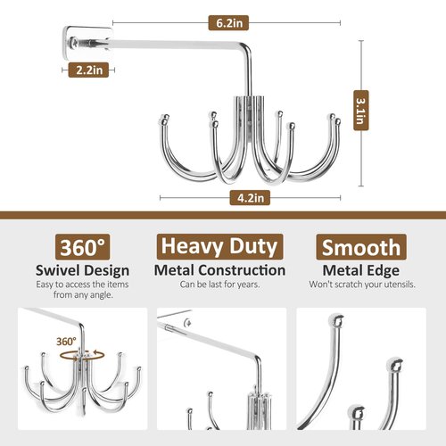 ZEDODIER Kitchen Cooking Utensil Holder, 360° Rotating Kitchen Hooks for Hanging Utensils, Heavy Duty Metal Utensil Rack with 8 Storage Capacity for Utensil, Towel, Pot, Glove, Aprons, Silver