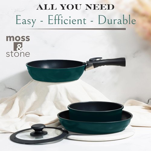 Moss & Stone Nonstick Aluminum Pots and Pans Set - 10-Piece Stackable Cookware in Blue | Dishwasher Safe