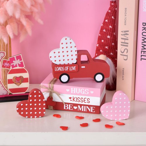 Valentine’s Day Decoration for Home, 7PCs Wooden Decorative Book Stack Set with Truck & Hearts, Rustic Valentines Table Centerpiece, Pink Red White Tiered Tray Decor for Shelf Office (red pink white)