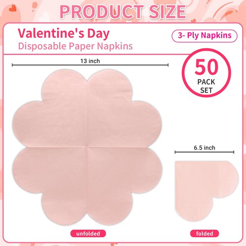 Valentine's Day Party Supplies, Disposable Love Napkins Heart Shaped Napkins for Valentine's Day Engagements Wedding Anniversaries Bridal Showers Birthday Decorations, 3 Ply / 50 Count/Blush