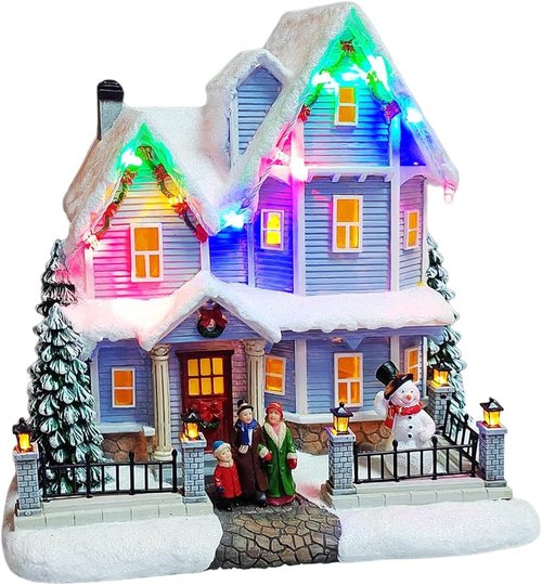 Moments In Time Vintage Christmas Village House - 8.9” Lighted LED Musical Décor with Snowman & Family Scene