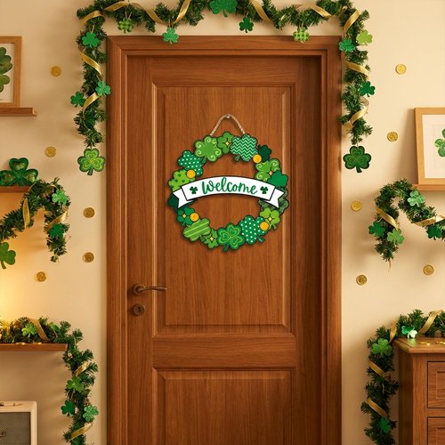 St. Patrick’s Day Decorations, Welcome Shamrock Door Sign, Clover Wooden Hanging Sign, St. Patrick’s Day Shamrock Wreath Door Hanger for Front Door Porch Wall Entryway