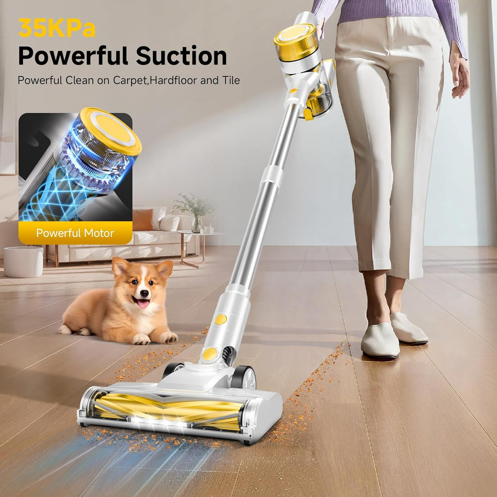 Skiennix Cordless Vacuum Cleaner - 35Kpa Powerful Suction | 45-Minute Runtime, LED Display, Anti-Tangle, Wall Mount - Yellow