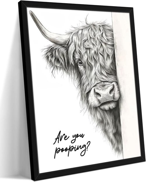Highland Cow Art | Funny Black and White Bathroom Wall Decor - Rustic 12x16 Inch Framed Canvas Print