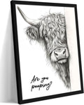 Highland Cow Art | Funny Black and White Bathroom Wall Decor - Rustic 12x16 Inch Framed Canvas Print