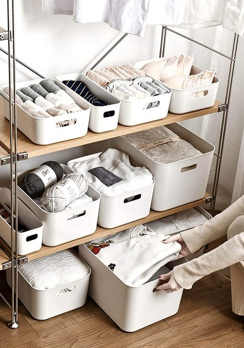 Amyup Set Of 8 Plastic Storage Bins,Versatile Kitchen Pantry Organization and Storage,for Plastic Storage Container Under Bed,Under Sink Bathroom Organizer (White, 8 Pack