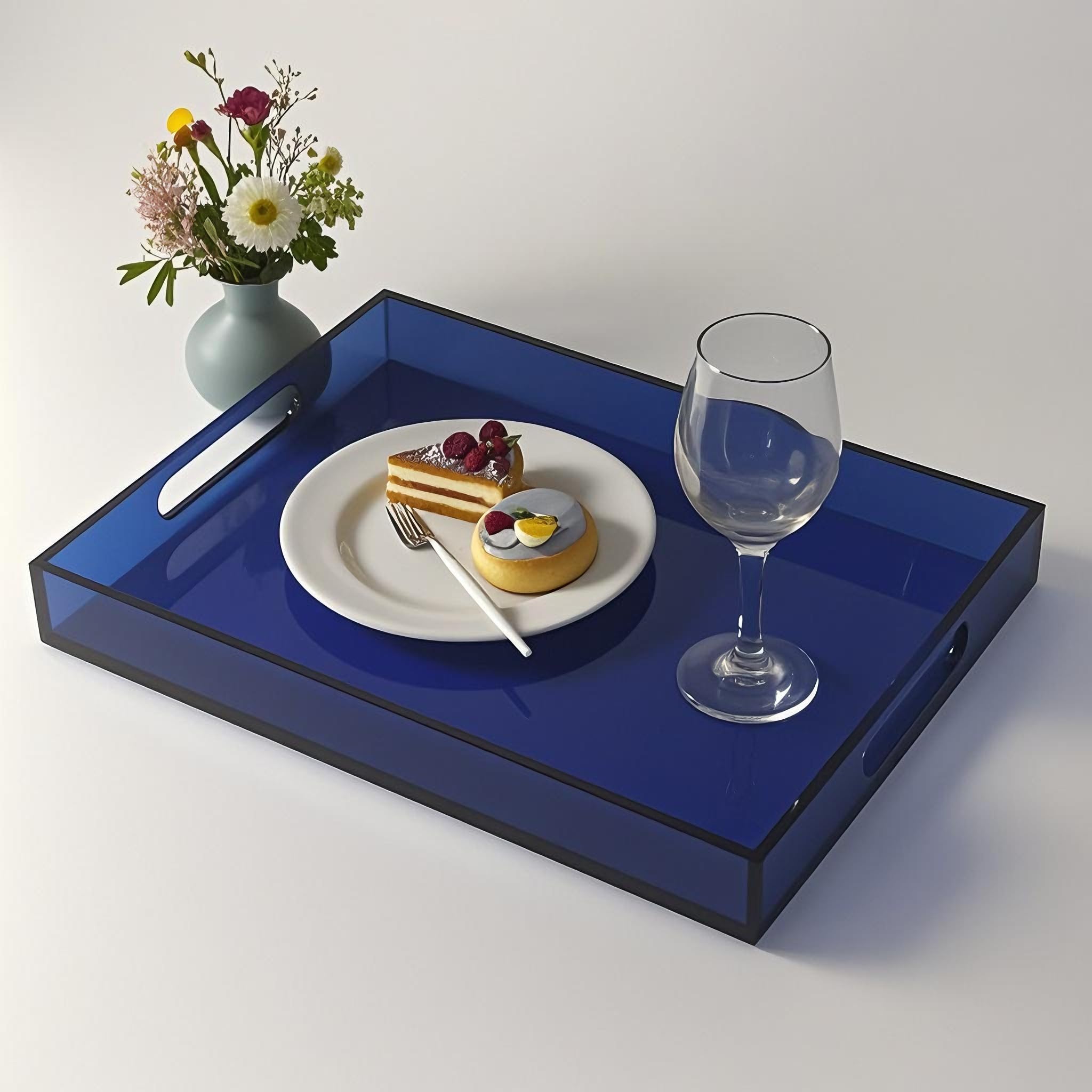 Sturdy 16" Acrylic Serving Tray with Handles - Ottoman Coffee Table Organizer for Food, Tea, Snacks, Vanity & Kitchen Countertop - Multi-Use for Bathroom, Living Room, Bar Parties (Dark Blue)