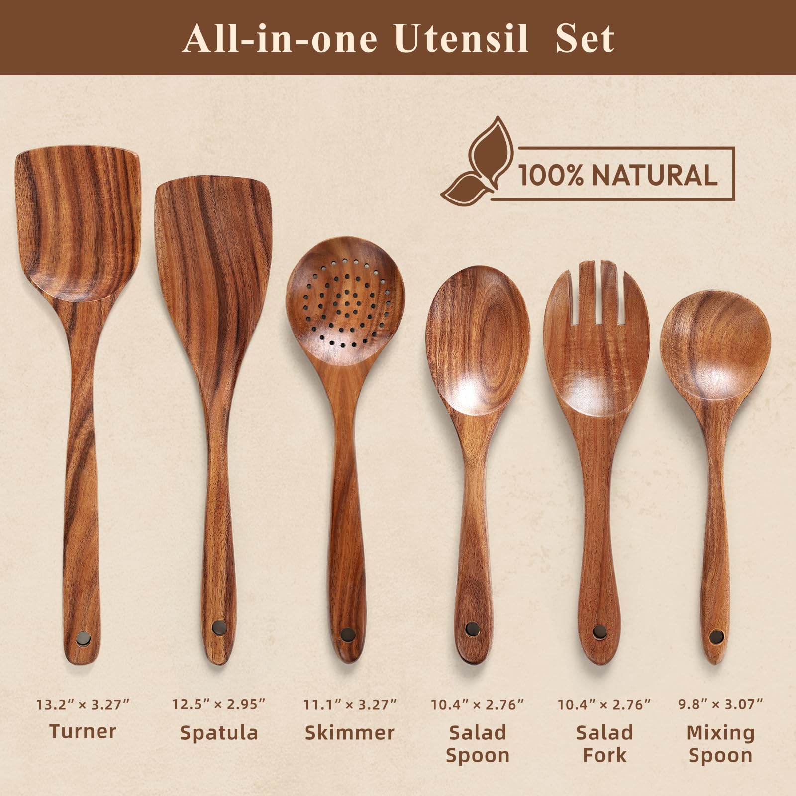 Premium Teak Wooden Spoons for Cooking, 6-Piece Wood Kitchen Utensils Set for Nonstick Cookware - Heat Resistant, Natural Healthy Spatula Set with Hanging Holes - Durable, Scratch-Free & Handcrafted