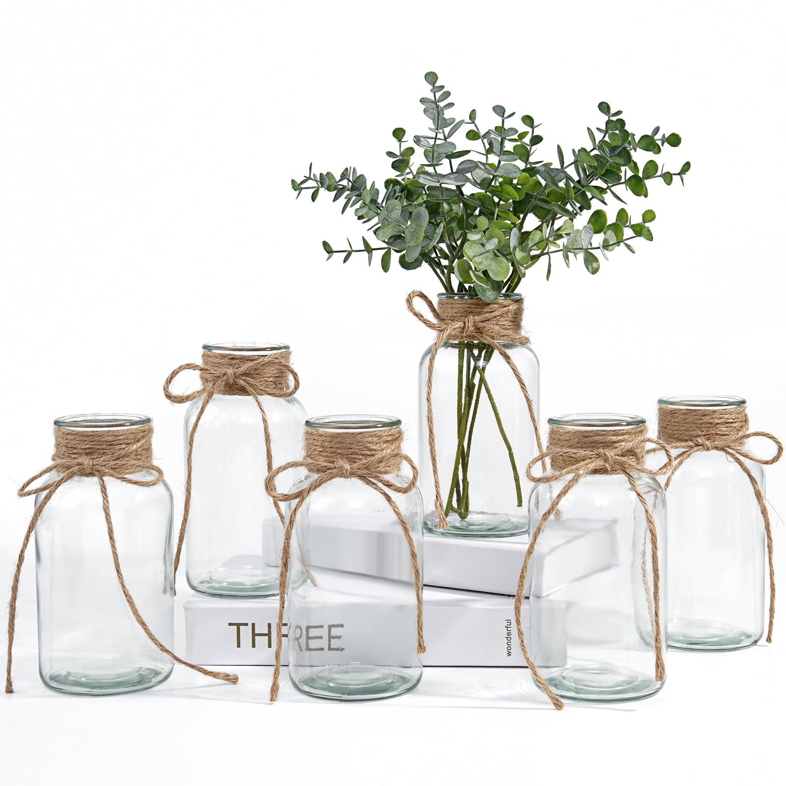 Vintage Glass Vases for Flowers, Set of 6 Clear Vases for Farmhouse Wedding Centerpiece Cylinder Bottle for Reception Table Decoration Home Decor Floral Arrangements