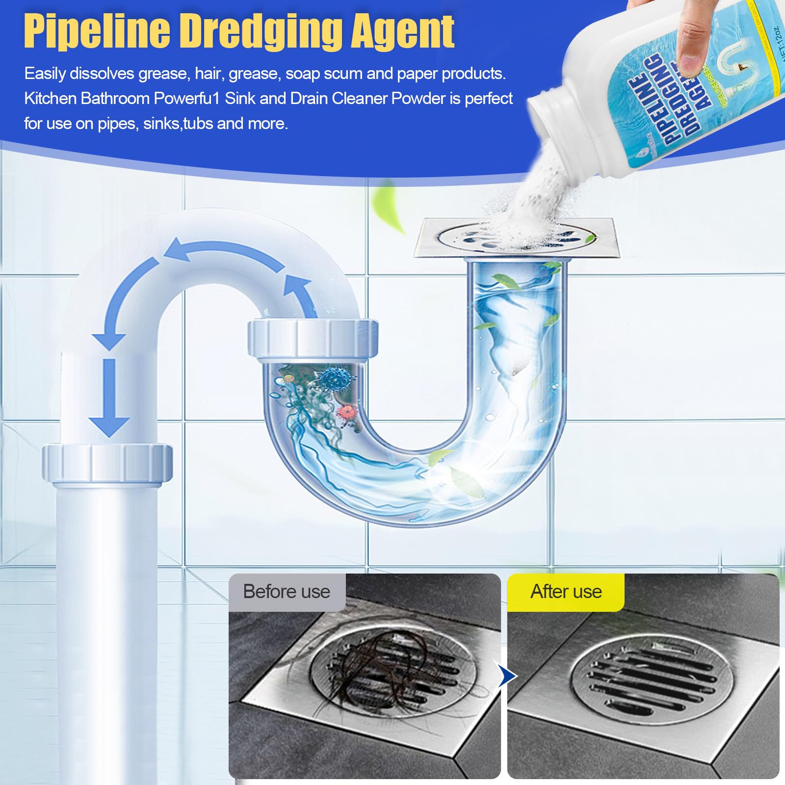 Pipeline Dredging Agent, Drain Clog Remover, Powerful Sink Drain Cleaner for Bathroom and Kitchen Sink Pipe Unclog (1PCS)