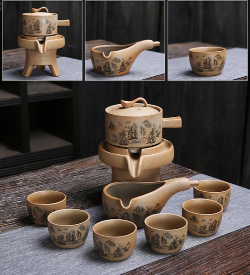 Chinese Gongfu Tea Gift Set, Semi-Automatic Stone-Mill Design Ceramics Tea Set Rotate TeaPot 6 Cups for Adults Men Women Tea Ceremony Party Home Office Decor (landscape)